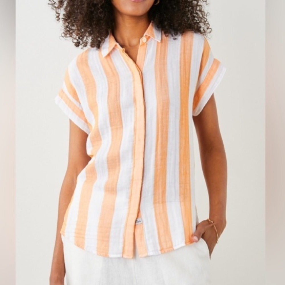 Rails SMALL Jamie Striped Organic Cotton Short-Sleeve Orange White Striped Shirt